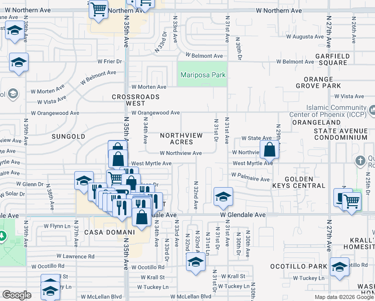 map of restaurants, bars, coffee shops, grocery stores, and more near 3232 West Northview Avenue in Phoenix