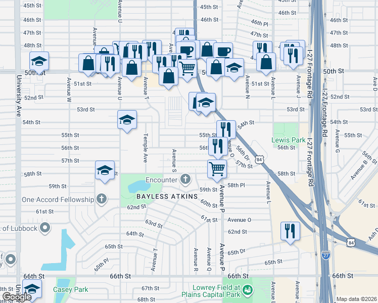 map of restaurants, bars, coffee shops, grocery stores, and more near 1621 56th Street in Lubbock