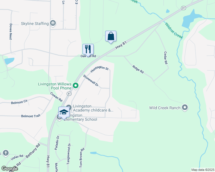 map of restaurants, bars, coffee shops, grocery stores, and more near 115 Stonewall Drive in Covington