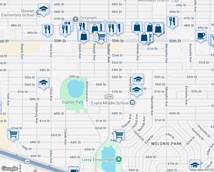 map of restaurants, bars, coffee shops, grocery stores, and more near 4401 56th Street in Lubbock