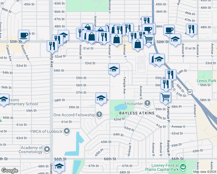 map of restaurants, bars, coffee shops, grocery stores, and more near 2101 56th Street in Lubbock