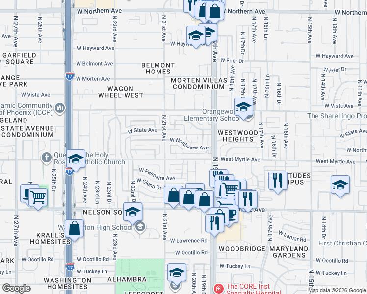 map of restaurants, bars, coffee shops, grocery stores, and more near 2007 West Northview Avenue in Phoenix