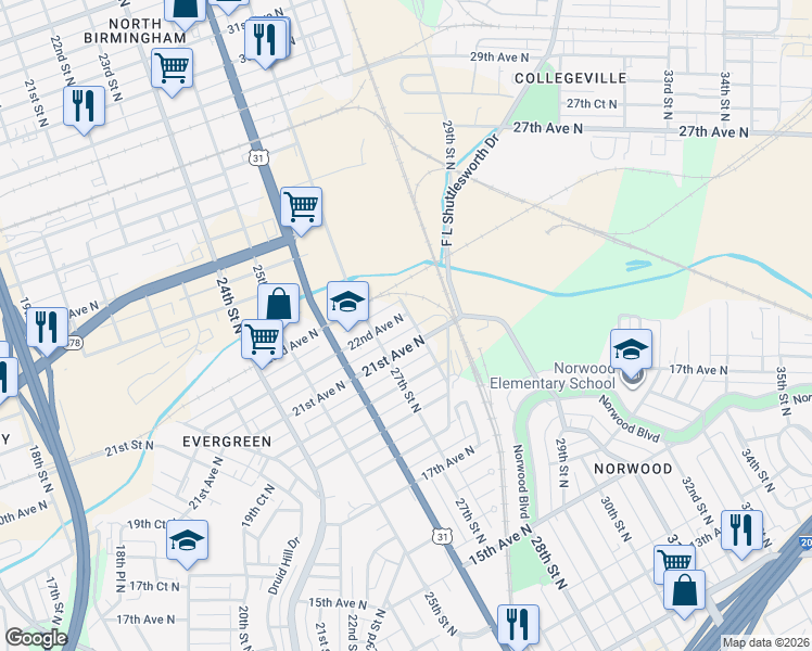 map of restaurants, bars, coffee shops, grocery stores, and more near 2114 28th Street North in Birmingham