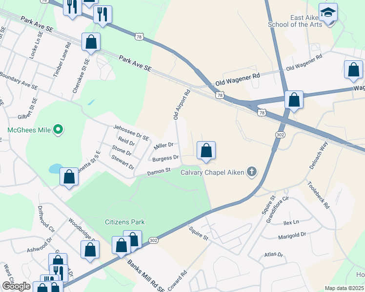map of restaurants, bars, coffee shops, grocery stores, and more near 406 Old Airport Road in Aiken
