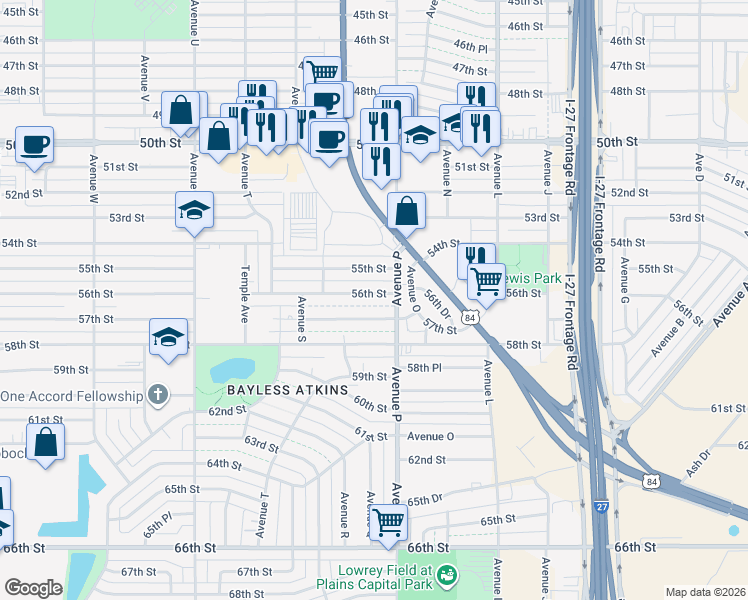 map of restaurants, bars, coffee shops, grocery stores, and more near 1607 56th Street in Lubbock