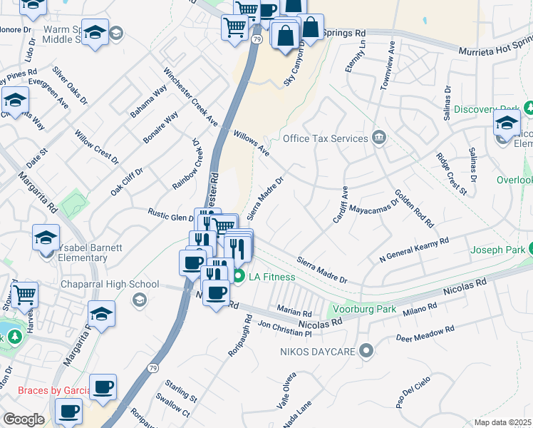 map of restaurants, bars, coffee shops, grocery stores, and more near 39295 Vía Curvado in Murrieta