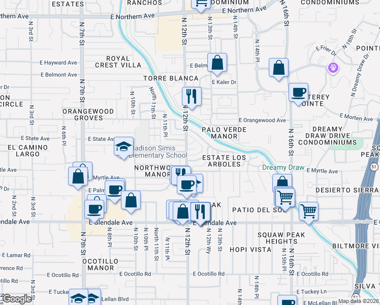 map of restaurants, bars, coffee shops, grocery stores, and more near 1201 East Northview Avenue in Phoenix