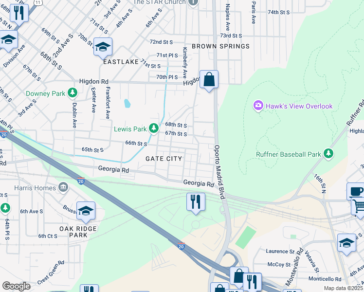 map of restaurants, bars, coffee shops, grocery stores, and more near 7552 66th Street South in Birmingham