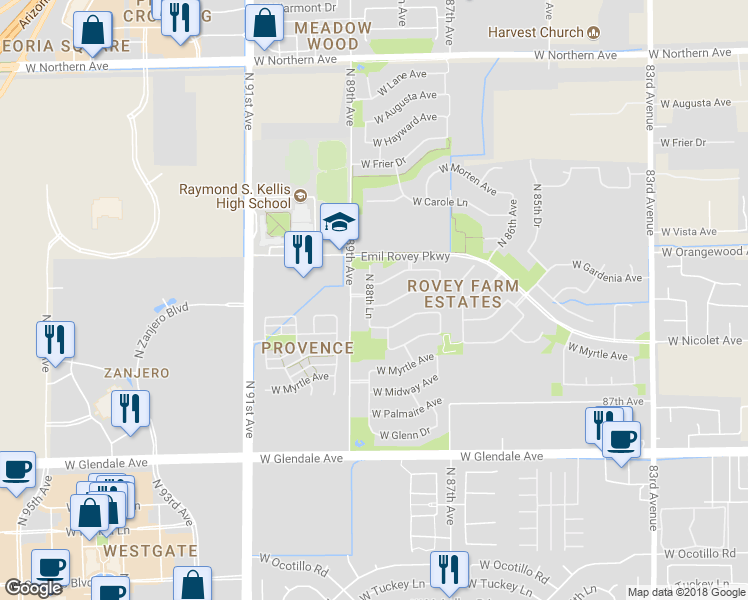 map of restaurants, bars, coffee shops, grocery stores, and more near 8816 West State Avenue in Glendale