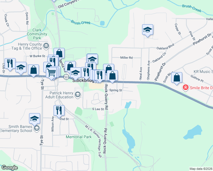 map of restaurants, bars, coffee shops, grocery stores, and more near 4467 North Henry Boulevard in Stockbridge