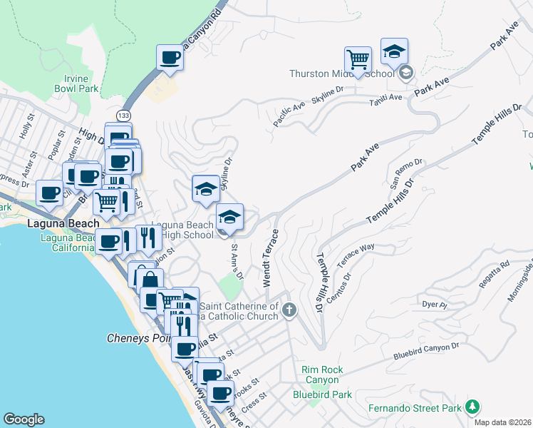 map of restaurants, bars, coffee shops, grocery stores, and more near 924 Park Avenue in Laguna Beach
