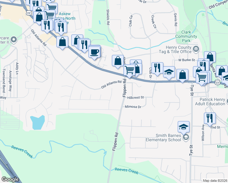 map of restaurants, bars, coffee shops, grocery stores, and more near 310 Iron Horse Way in Stockbridge