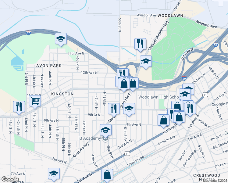 map of restaurants, bars, coffee shops, grocery stores, and more near 976 50th Street North in Birmingham