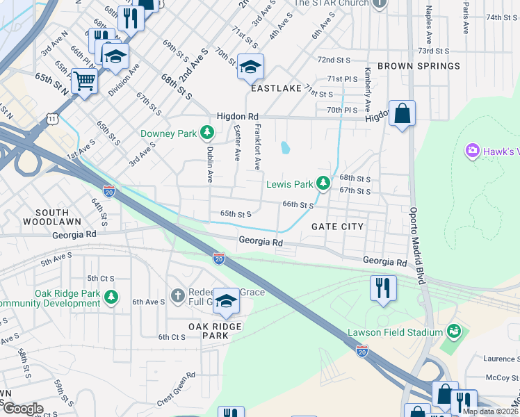 map of restaurants, bars, coffee shops, grocery stores, and more near 6500 Frankfort Avenue in Birmingham