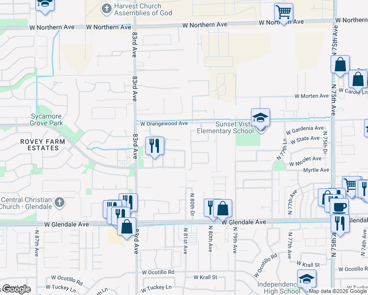 map of restaurants, bars, coffee shops, grocery stores, and more near 8108 West State Avenue in Glendale