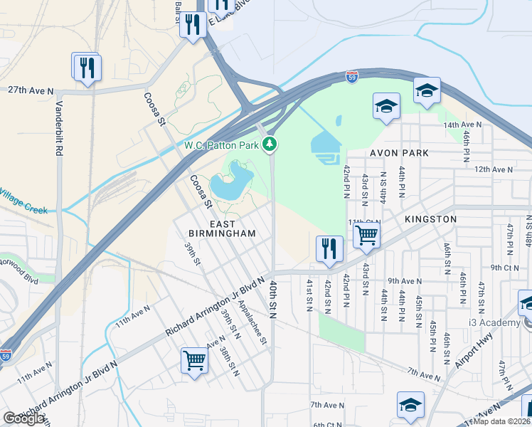 map of restaurants, bars, coffee shops, grocery stores, and more near 1127 Escambia Street in Birmingham