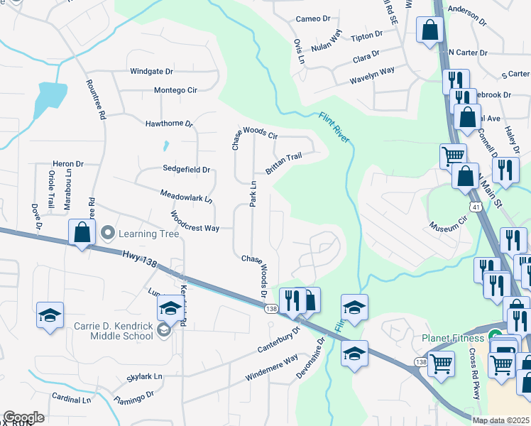 map of restaurants, bars, coffee shops, grocery stores, and more near 7749 Newbury Drive in Jonesboro
