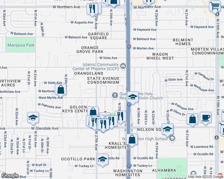 map of restaurants, bars, coffee shops, grocery stores, and more near 7218 North 25th Lane in Phoenix