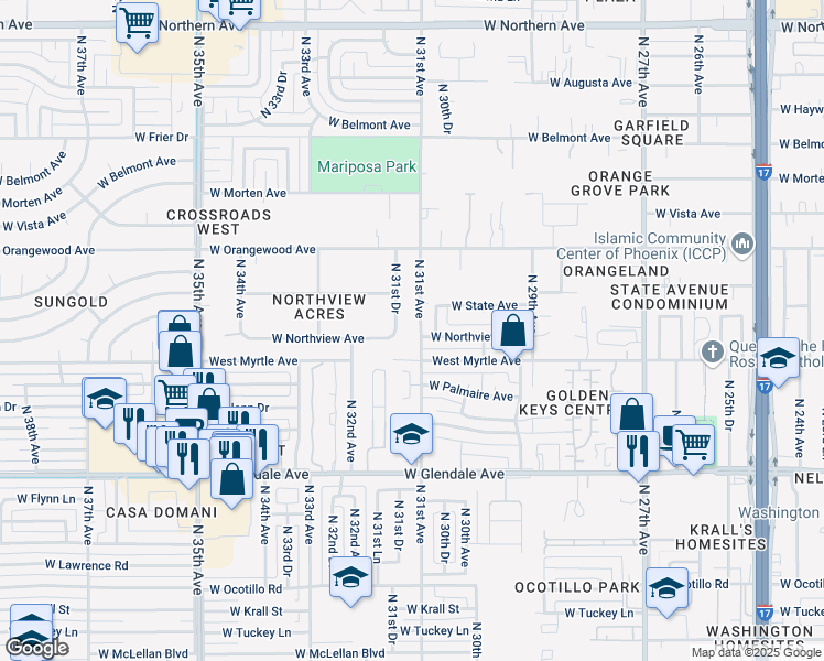 map of restaurants, bars, coffee shops, grocery stores, and more near 7205 North 31st Drive in Phoenix