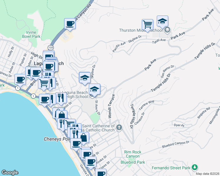 map of restaurants, bars, coffee shops, grocery stores, and more near 945 Park Avenue in Laguna Beach