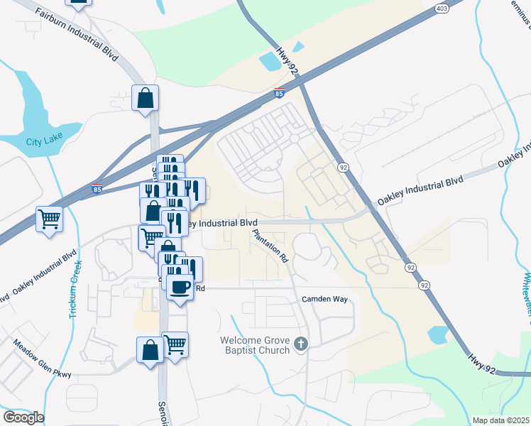 map of restaurants, bars, coffee shops, grocery stores, and more near 5527 Fairhaven Place in Fairburn