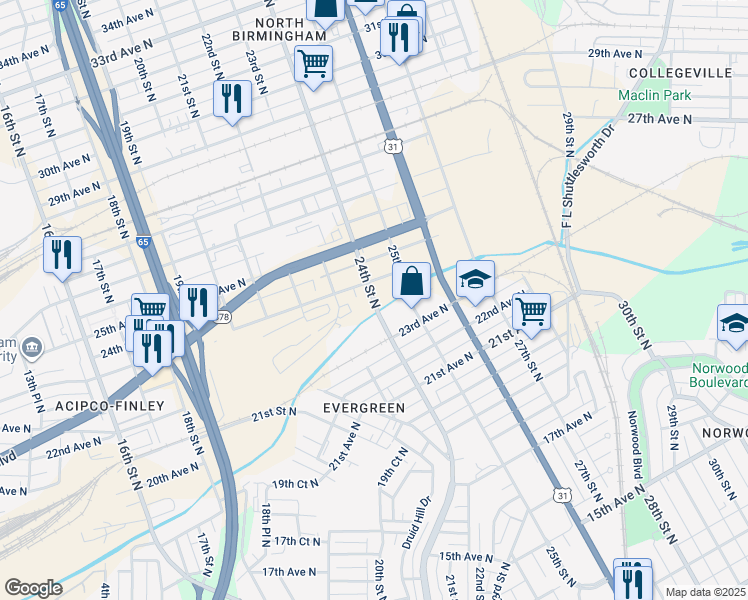map of restaurants, bars, coffee shops, grocery stores, and more near 2312 25th Street North in Birmingham