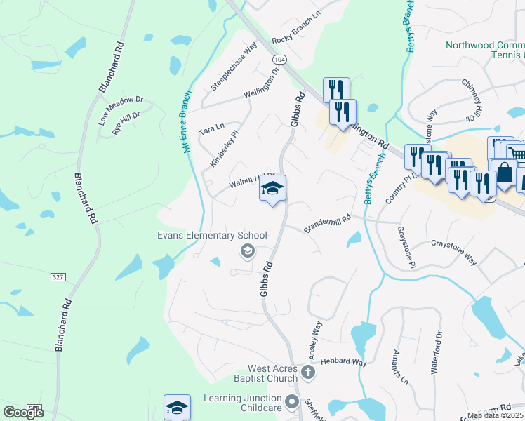 map of restaurants, bars, coffee shops, grocery stores, and more near 628 Gibbs Road in Evans