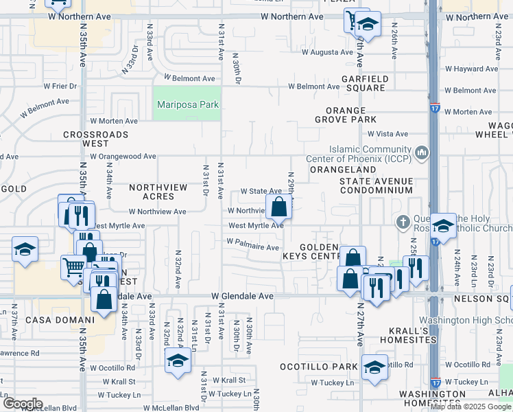 map of restaurants, bars, coffee shops, grocery stores, and more near 3008 West Northview Avenue in Phoenix
