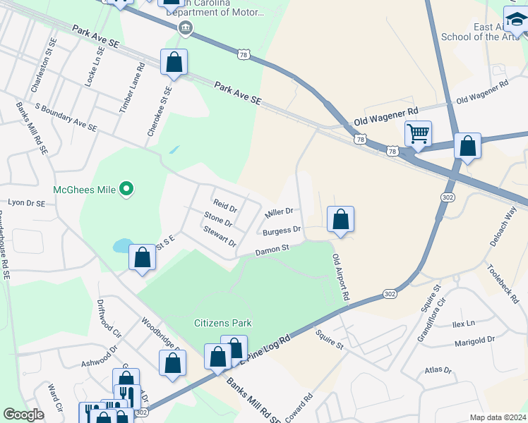 map of restaurants, bars, coffee shops, grocery stores, and more near 322 Jehossee Drive Southeast in Aiken