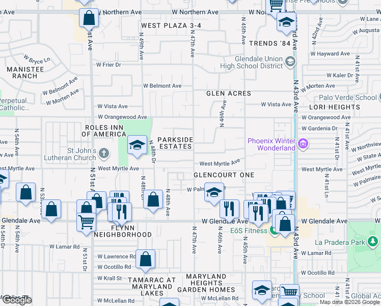 map of restaurants, bars, coffee shops, grocery stores, and more near 4718 West Nicolet Avenue in Glendale