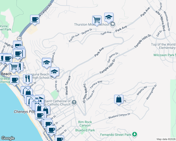 map of restaurants, bars, coffee shops, grocery stores, and more near 1704 Thurston Drive in Laguna Beach