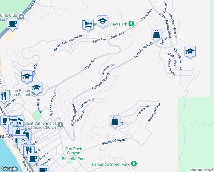 map of restaurants, bars, coffee shops, grocery stores, and more near 1950 Upper Rim Rock Road in Laguna Beach
