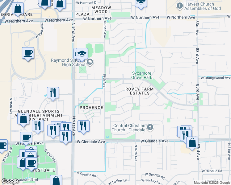 map of restaurants, bars, coffee shops, grocery stores, and more near 8812 West State Avenue in Glendale