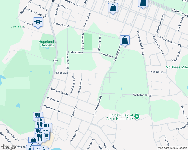 map of restaurants, bars, coffee shops, grocery stores, and more near 317 Knox Avenue in Aiken