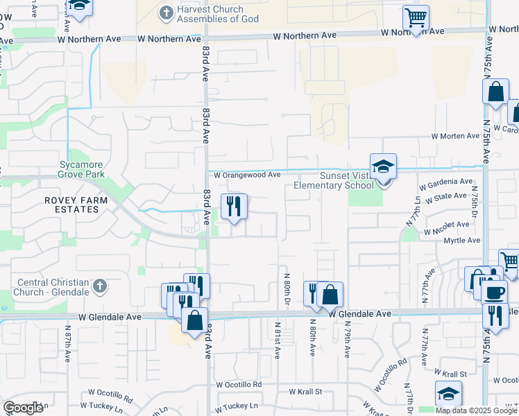 map of restaurants, bars, coffee shops, grocery stores, and more near 8132 West State Avenue in Glendale