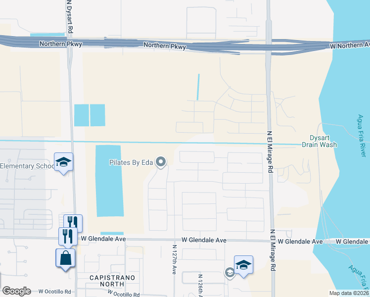 map of restaurants, bars, coffee shops, grocery stores, and more near 12648 West Orangewood Avenue in Glendale