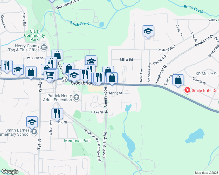 map of restaurants, bars, coffee shops, grocery stores, and more near 4467 North Henry Boulevard in Stockbridge