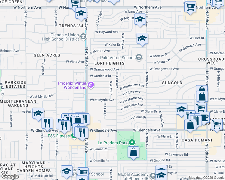 map of restaurants, bars, coffee shops, grocery stores, and more near 7224 North 41st Avenue in Phoenix