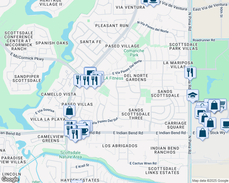 map of restaurants, bars, coffee shops, grocery stores, and more near 7350 North Vía Paseo Del Sur in Scottsdale