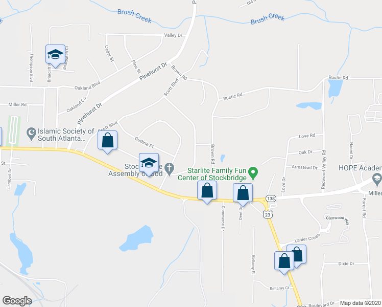 map of restaurants, bars, coffee shops, grocery stores, and more near 315 Charlotte Boulevard in Stockbridge