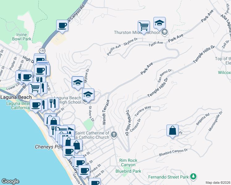 map of restaurants, bars, coffee shops, grocery stores, and more near 533 Temple Hills Drive in Laguna Beach