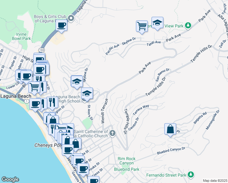 map of restaurants, bars, coffee shops, grocery stores, and more near 528 Temple Hills Drive in Laguna Beach
