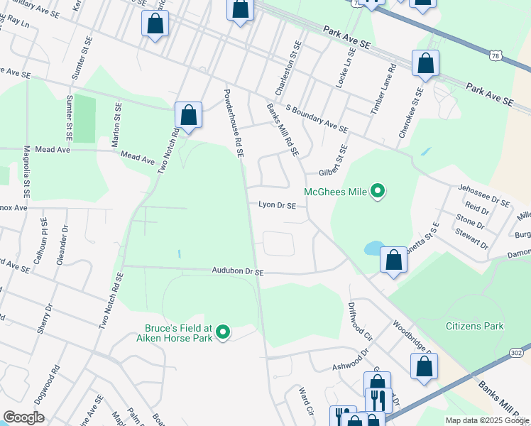 map of restaurants, bars, coffee shops, grocery stores, and more near 1429 Lyon Dr SE in Aiken