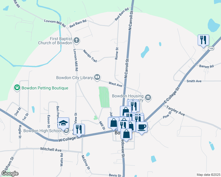 map of restaurants, bars, coffee shops, grocery stores, and more near 482 West Avenue in Bowdon