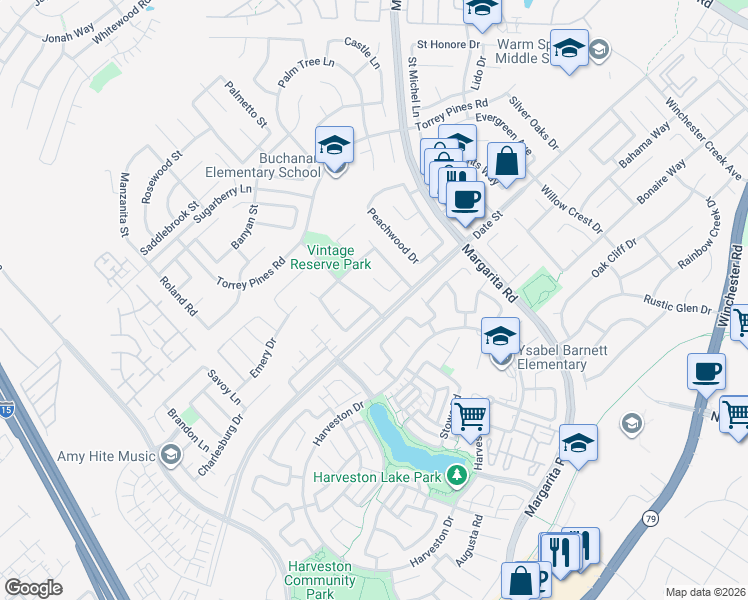 map of restaurants, bars, coffee shops, grocery stores, and more near 26764 Kingwood Road in Murrieta