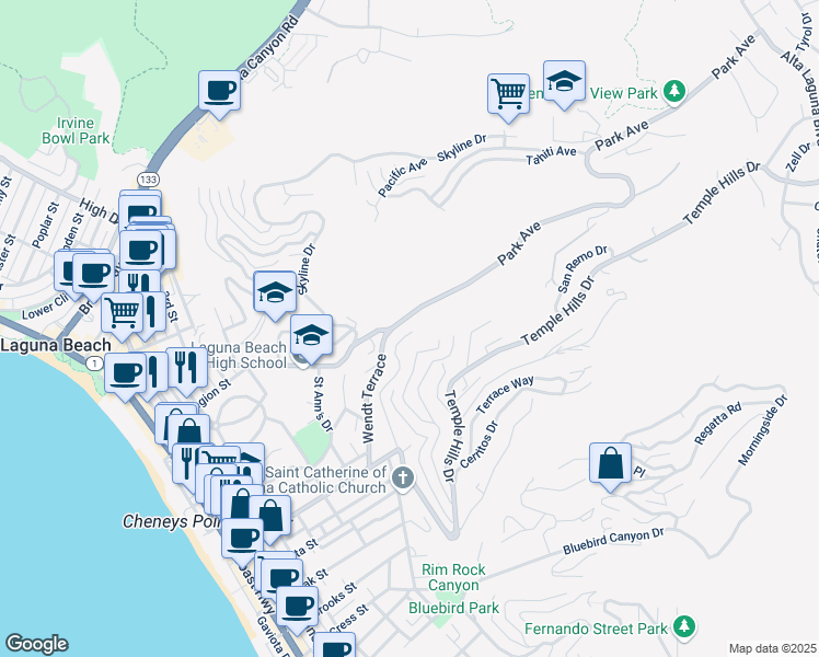 map of restaurants, bars, coffee shops, grocery stores, and more near 533 Temple Hills Drive in Laguna Beach