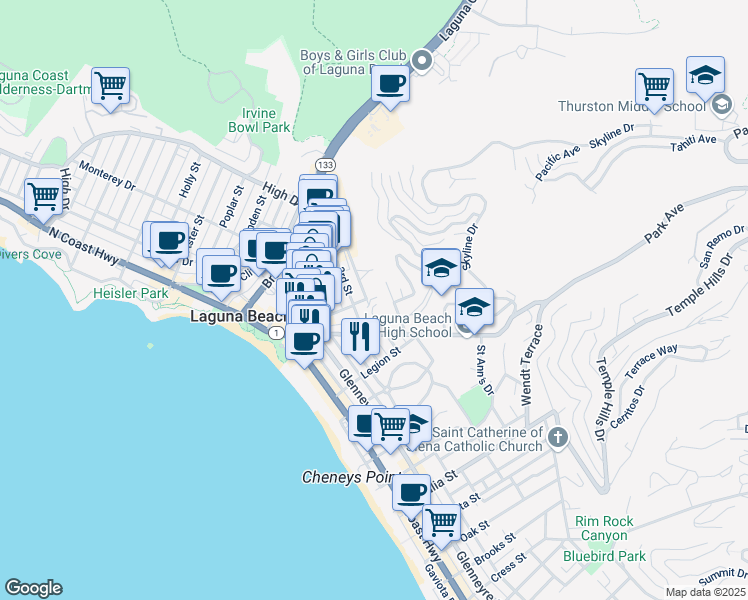 map of restaurants, bars, coffee shops, grocery stores, and more near in Laguna Beach