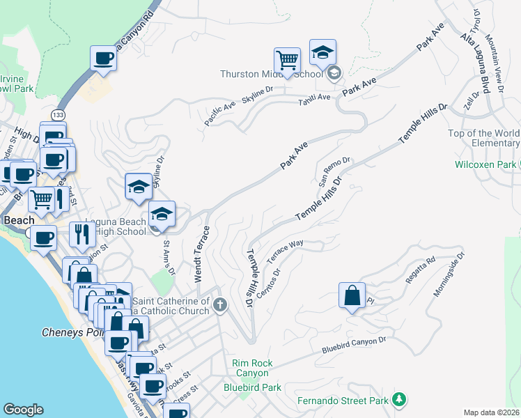 map of restaurants, bars, coffee shops, grocery stores, and more near 1704 Thurston Drive in Laguna Beach