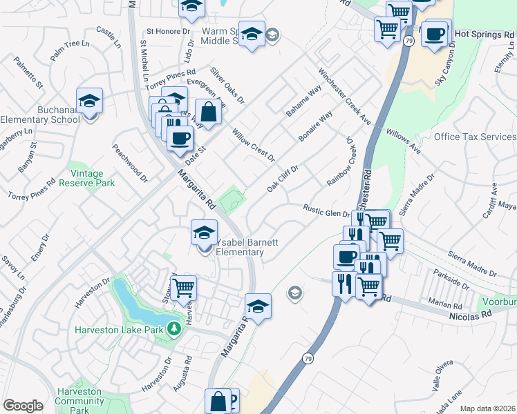 map of restaurants, bars, coffee shops, grocery stores, and more near 39752 Oak Cliff Drive in Temecula