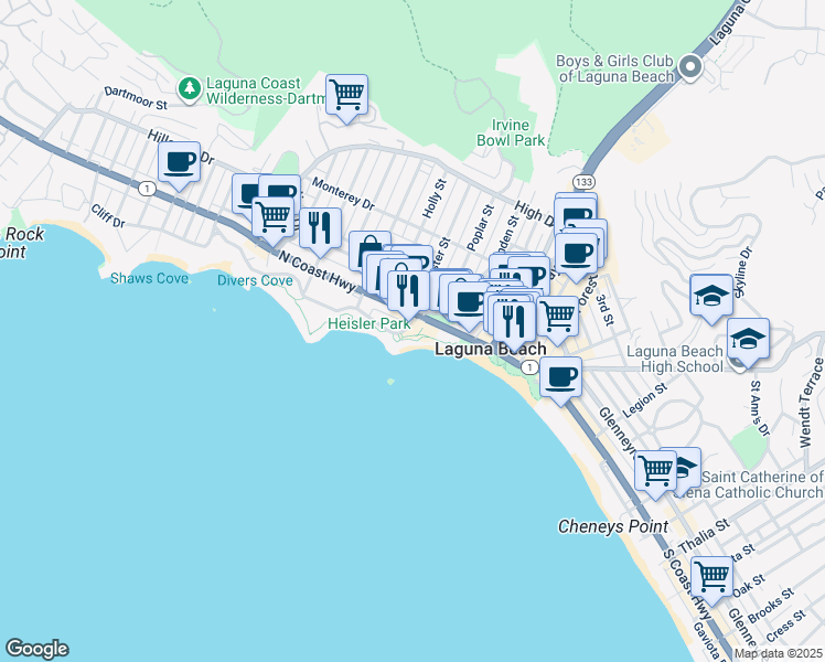 map of restaurants, bars, coffee shops, grocery stores, and more near 361 Cliff Drive in Laguna Beach